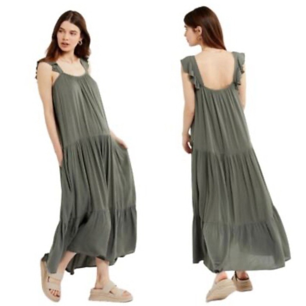 BB Dakota Steve Madden Ella Sun Dress Size M Green Gauze Sleeveless Tiered Maxi